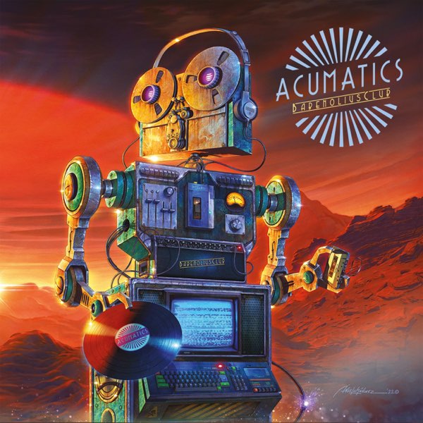 Portada original de Acumatics, con una figura mecánica y un paisaje anaranjado